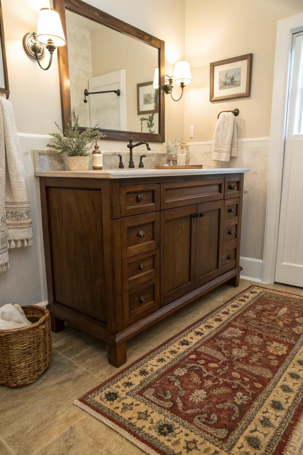 Introduce warmth and personality with a vintage rug in your bathroom.