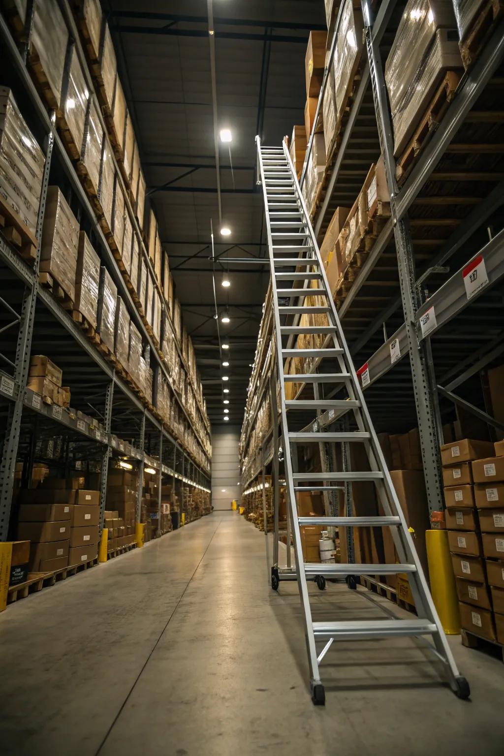 Mobile stair units allow safe access to vertical storage locations.