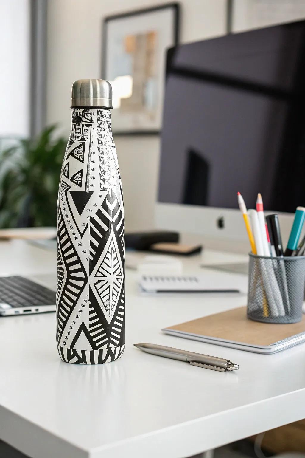 A modern drinking bottle displaying striking geometric patterns.