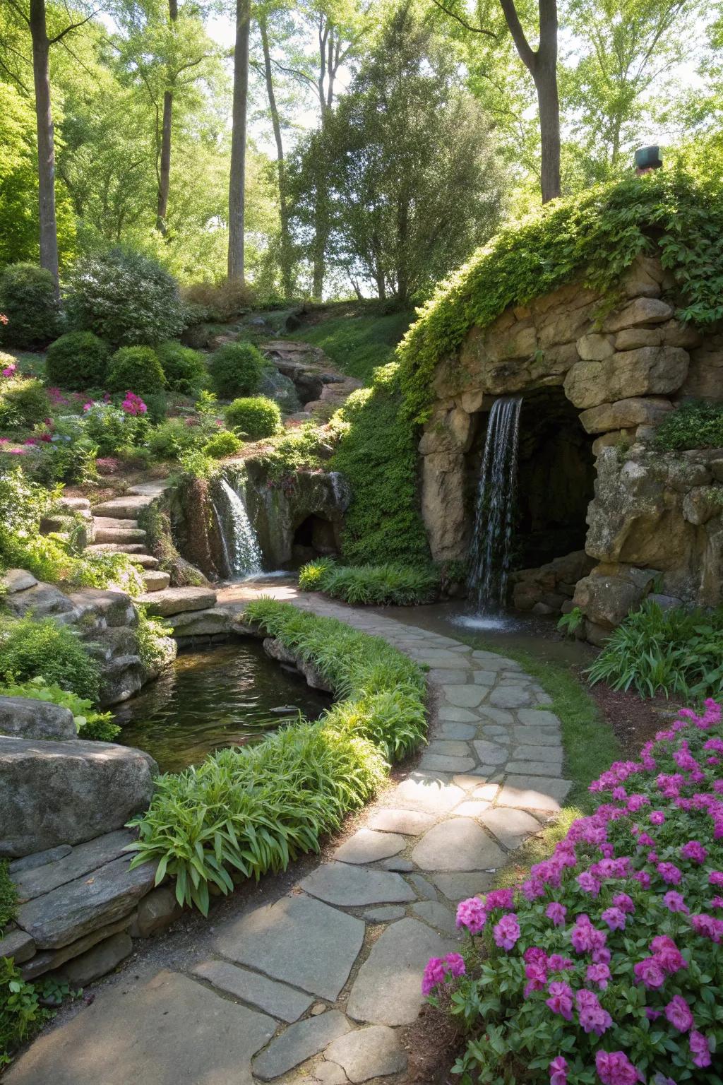 A magical garden grotto features a hidden stone waterfall.