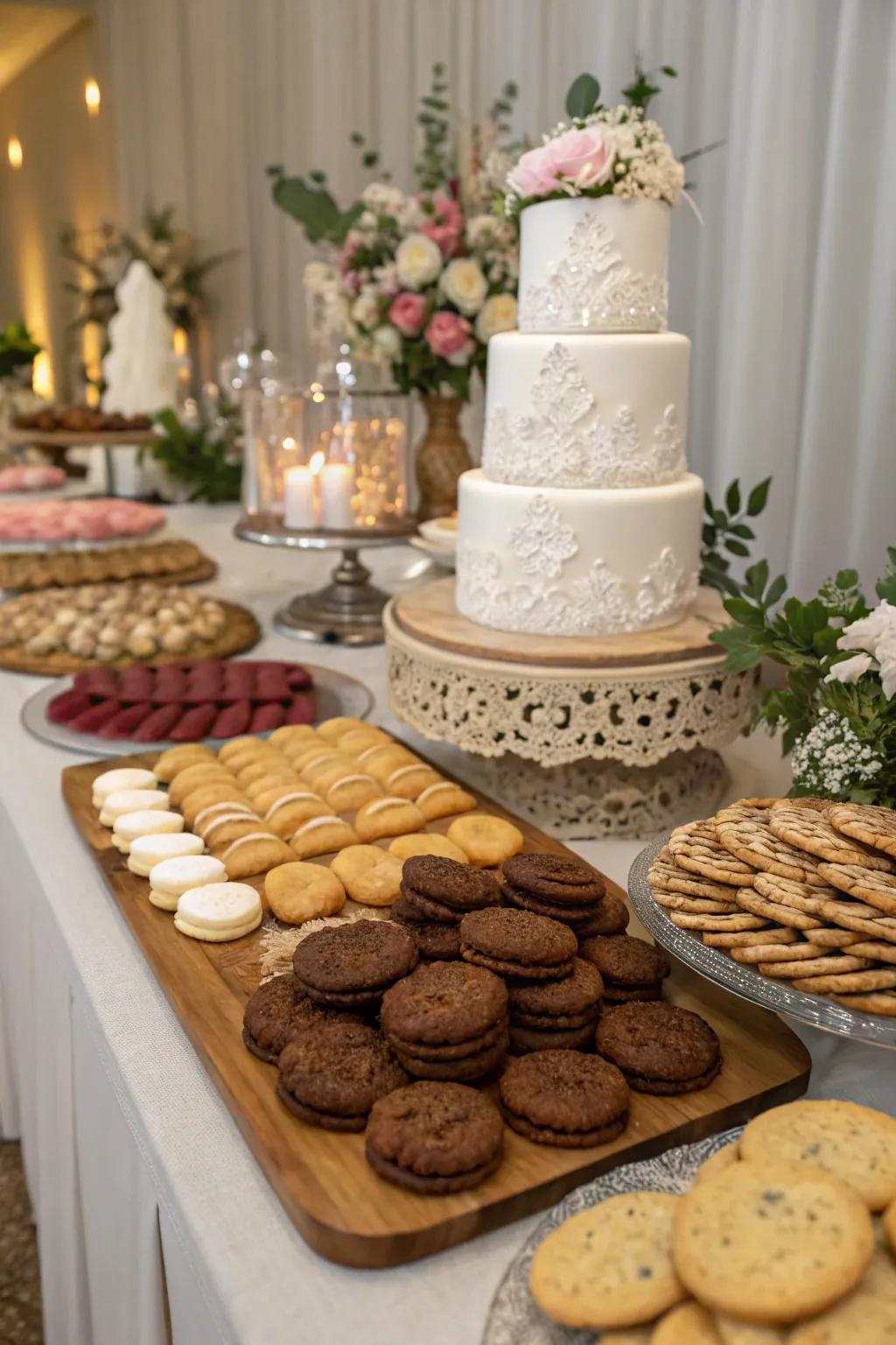 Mixed textures enhance the visual appeal of a wedding cookie table.