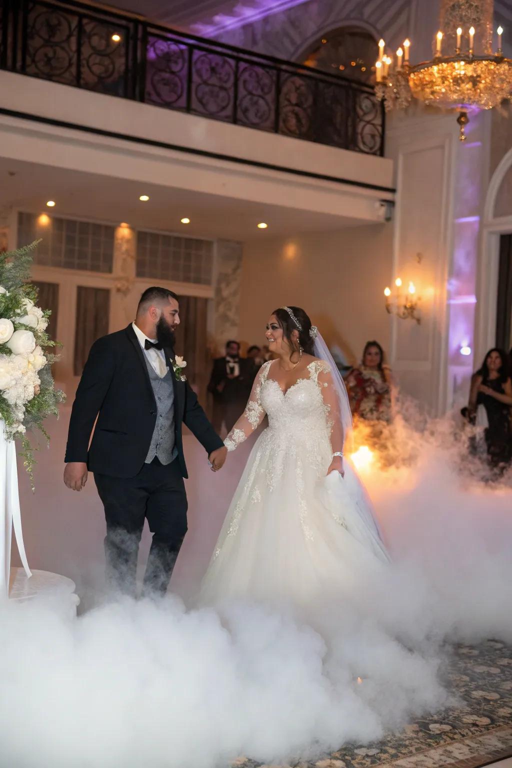 A vapor outcome adds intrigue to the wedding pair’s entrance.
