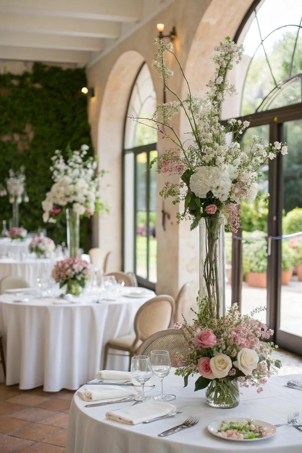 Artistic Ikebana floral arrangements, adding structure and elegance to the wedding decor.