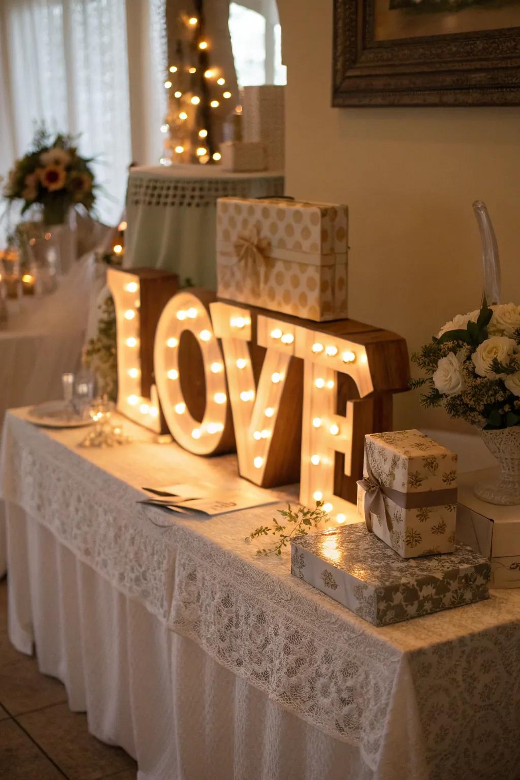 Marquee light signs add warmth to evening weddings.