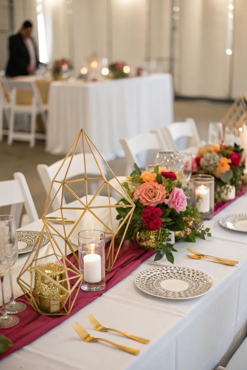 Angular centerpieces contributing a modern spin.