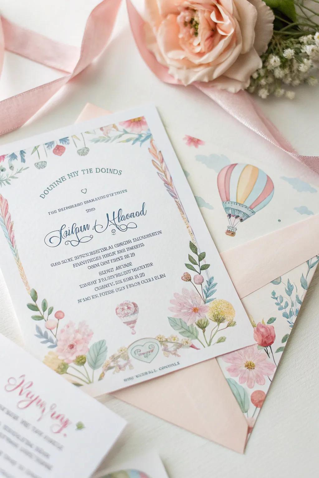A dreamy wedding invitation is adorned with whimsical watercolor art.