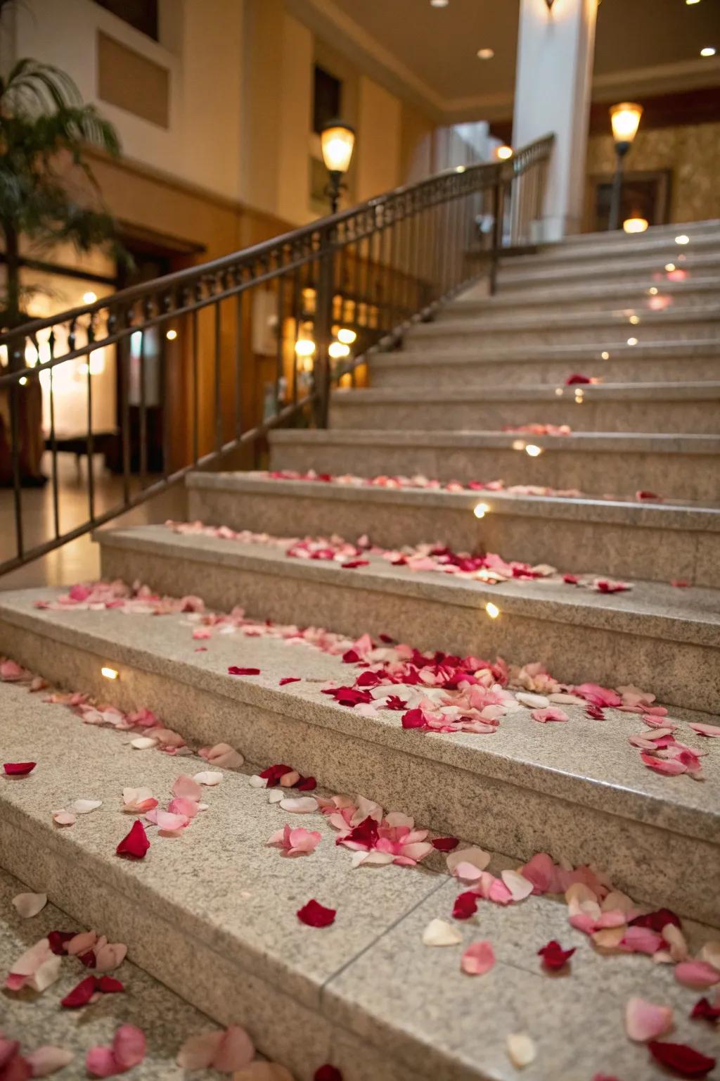 Rose leaves sprinkled along the steps introduce classic heartfelt elegance.
