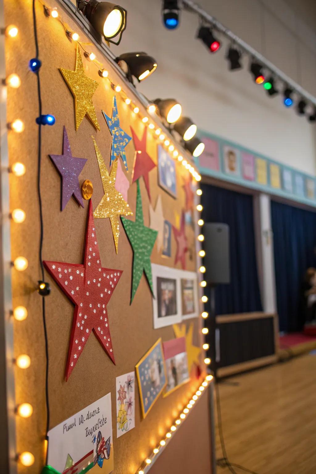A spotlight-themed board to celebrate student achievements and talents.