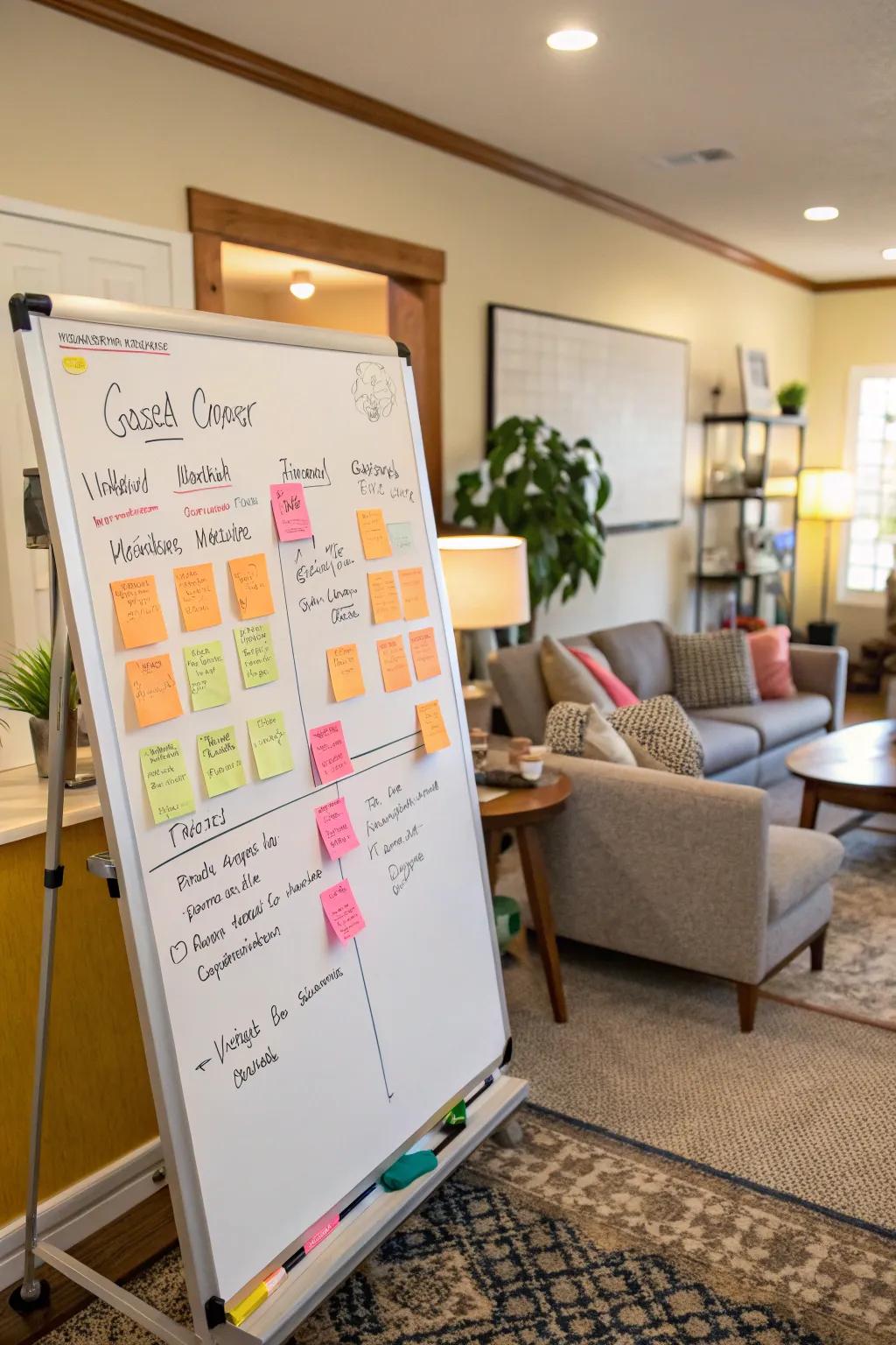 A collaborative magnetic writing surface welcome where guests can contribute.