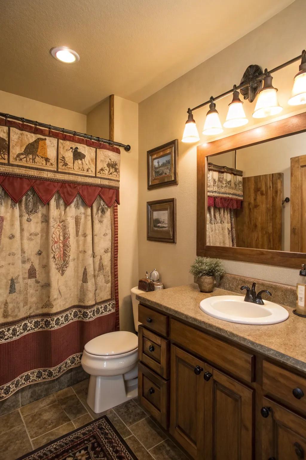 Western print valances introduce subtle personality to this bathroom.