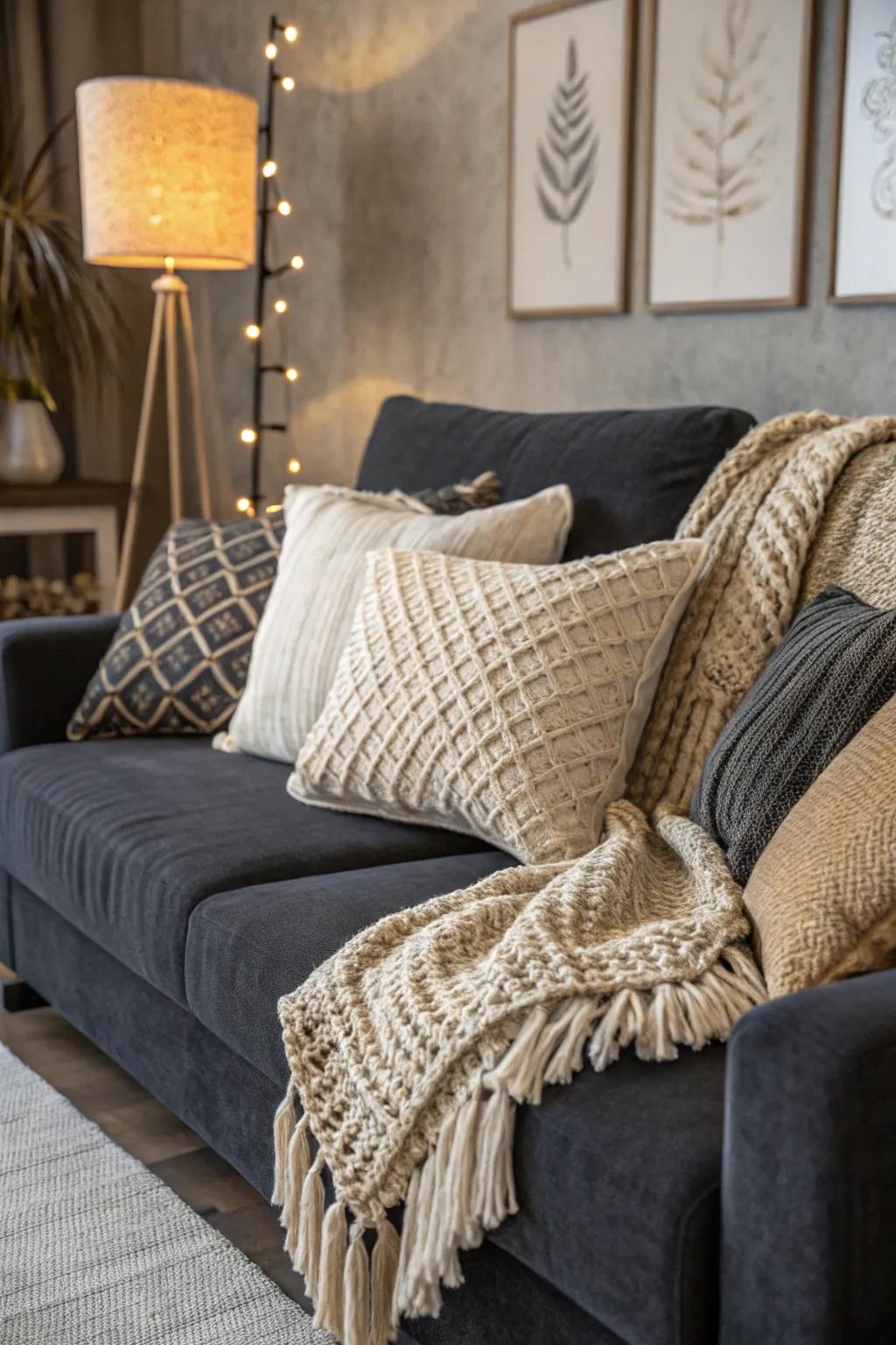 Textured neutral cushions add dimension and calmness.