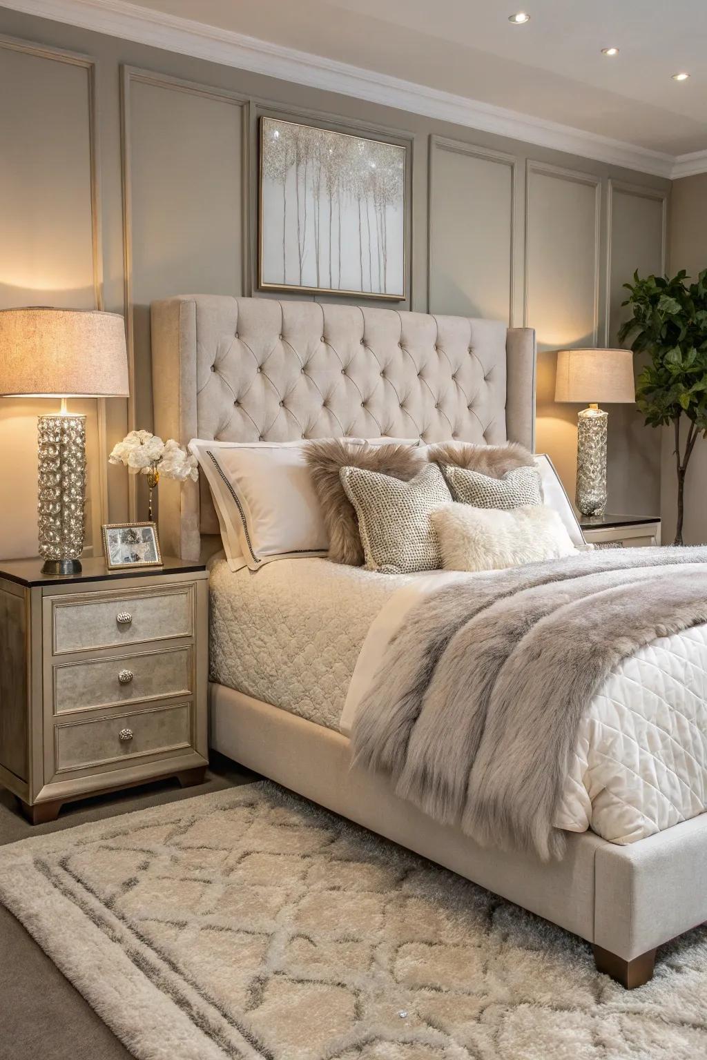 Mixing textures with a plush floor covering and refined furniture creates a dynamic bedroom environment.
