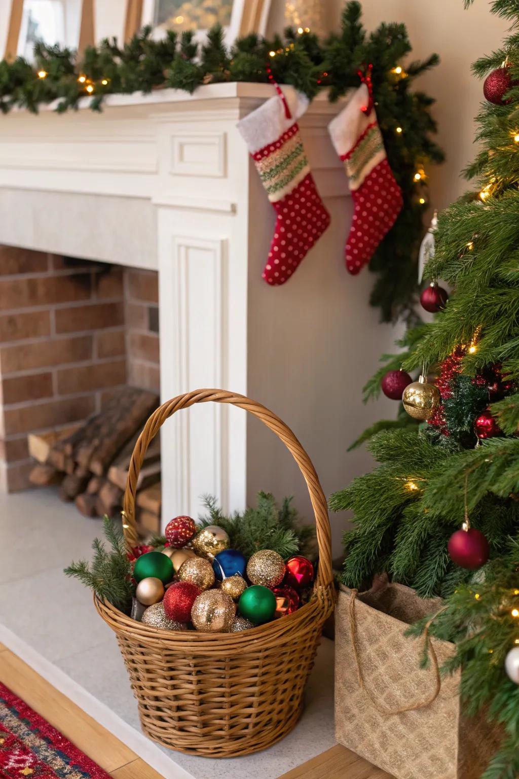 A basket of adornments adds festive touches to your holiday decor.