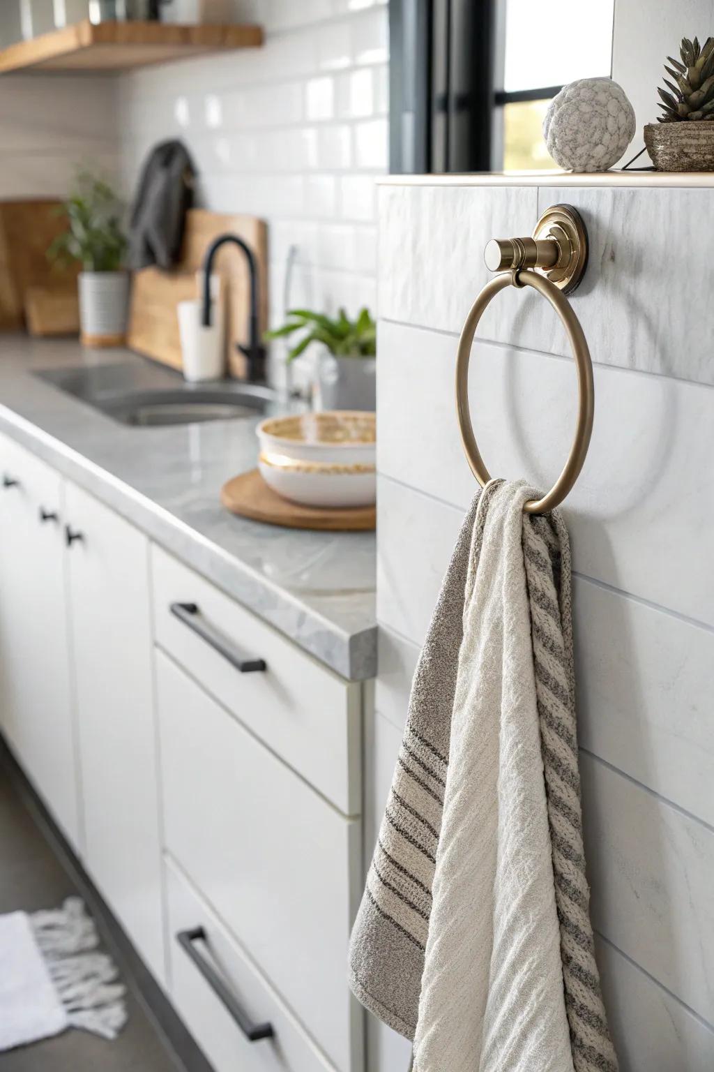 Employ a fashionable ring for an uncomplicated yet elegant means to hang kitchen linens.