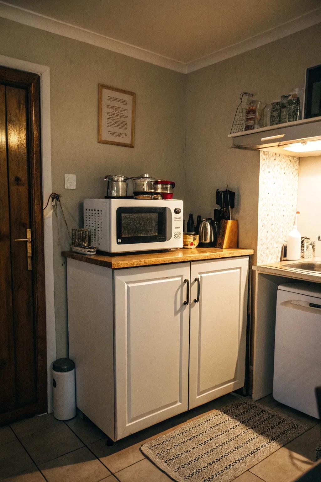 A microwave placed atop a high cabinet for optimal vertical space use.