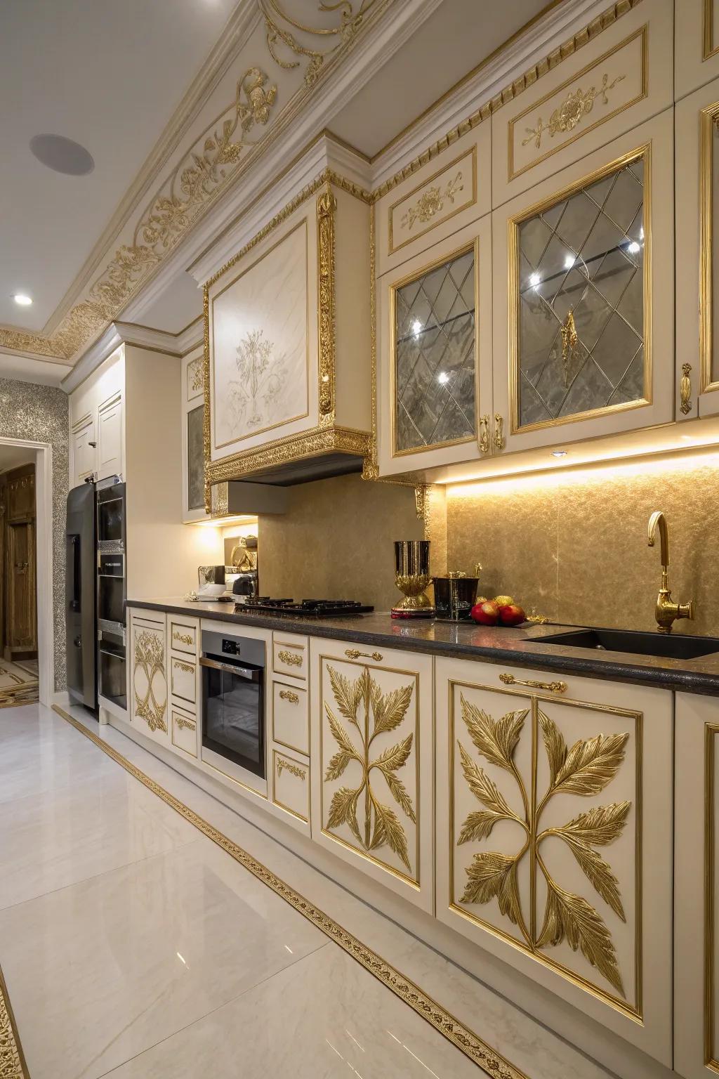 Gilded leaf embellishments introduce an artistic and luxurious element to your kitchen.