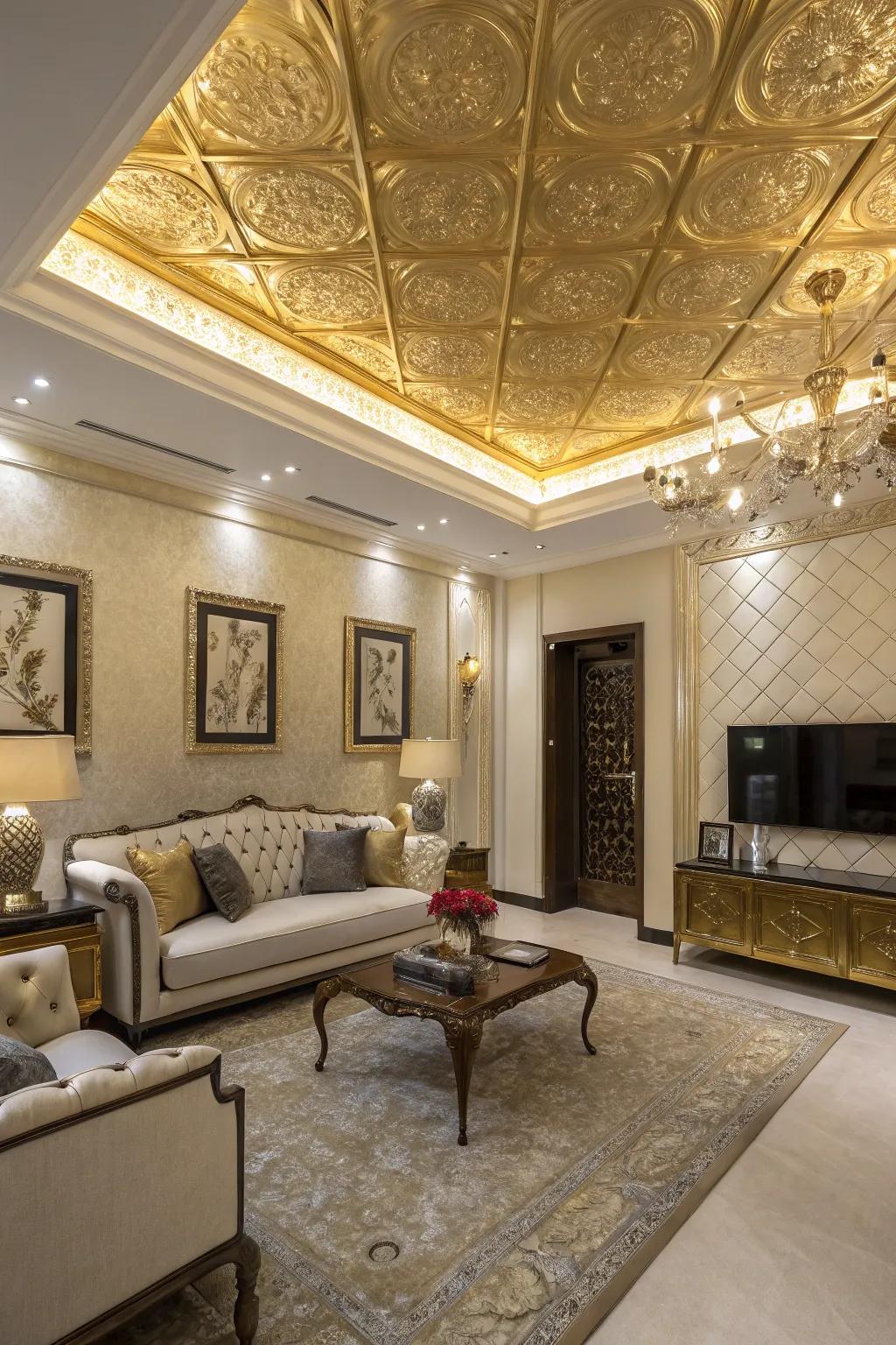 Ceiling accents in gold create an unexpected and luxurious twist.