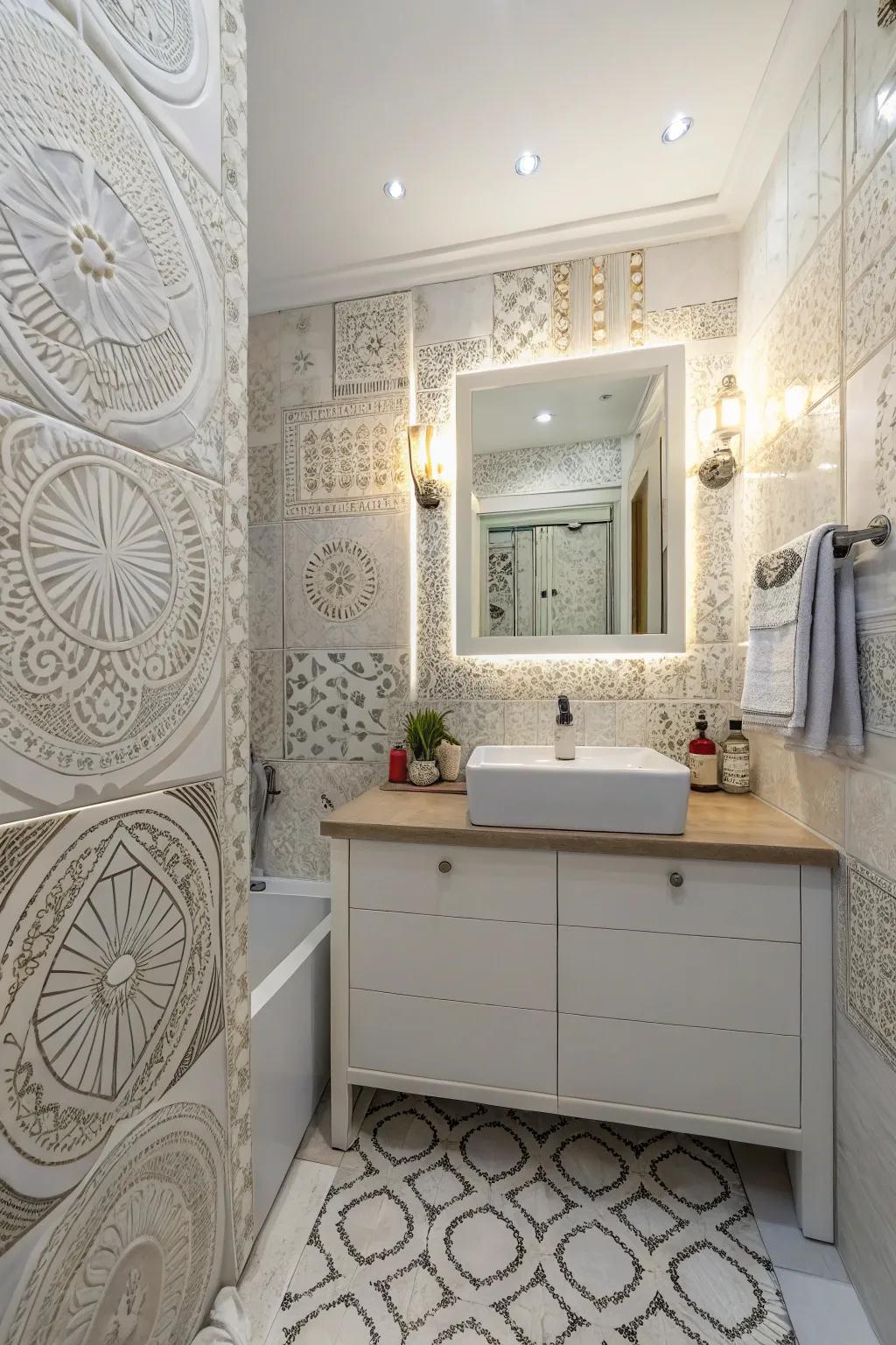 Mosaics add a playful touch to bright tiled walls.