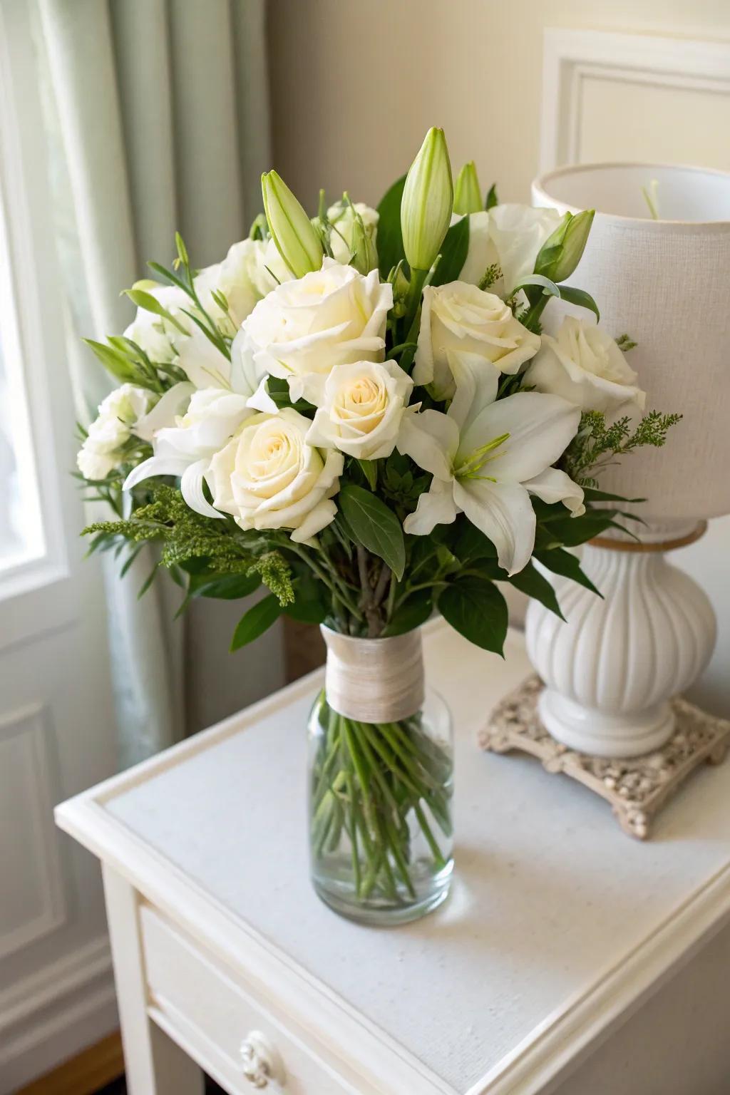 Ivory floral arrangements convey revitalizing sophistication to your festive setting.