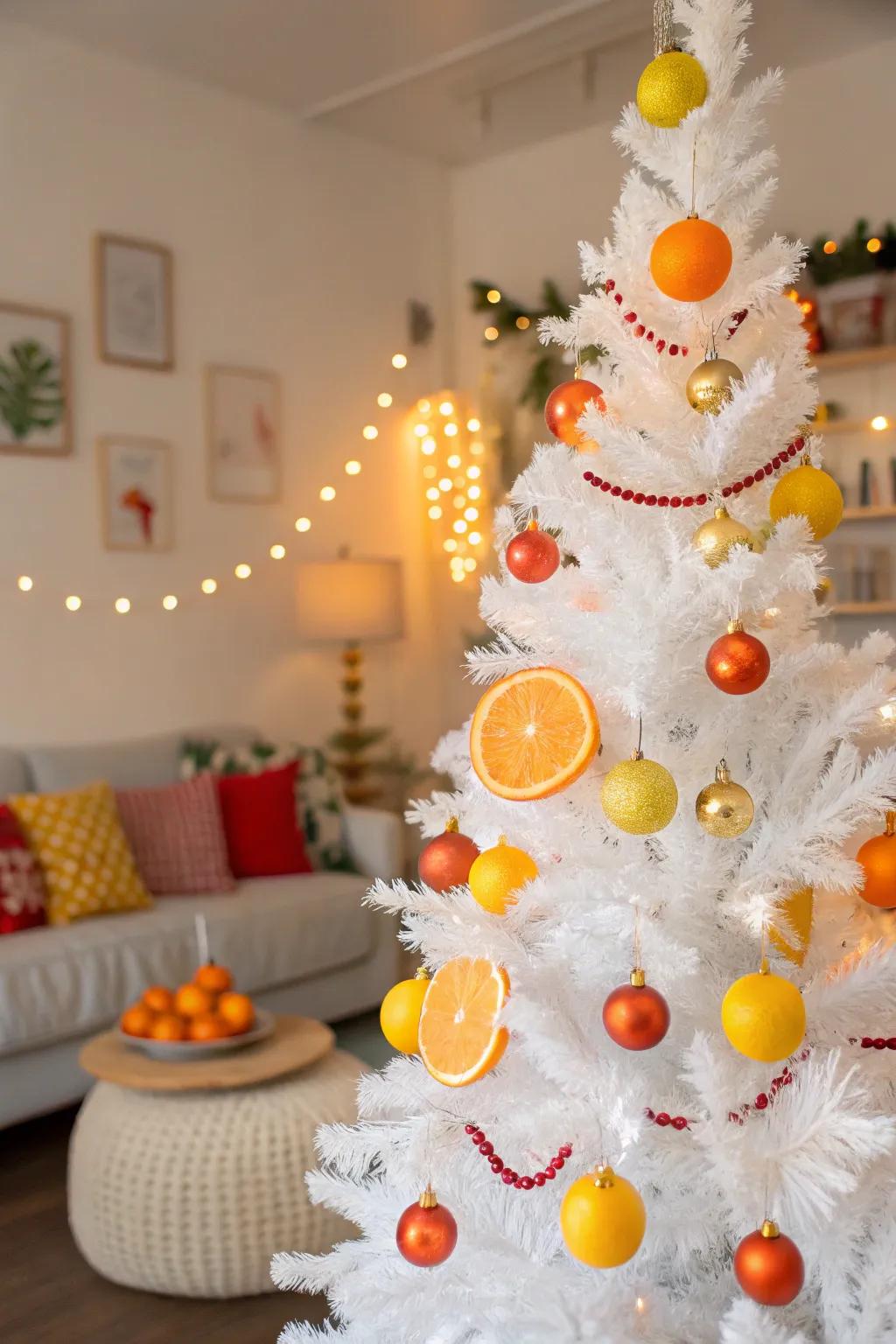Bright citrus pop theme on a white Christmas tree.
