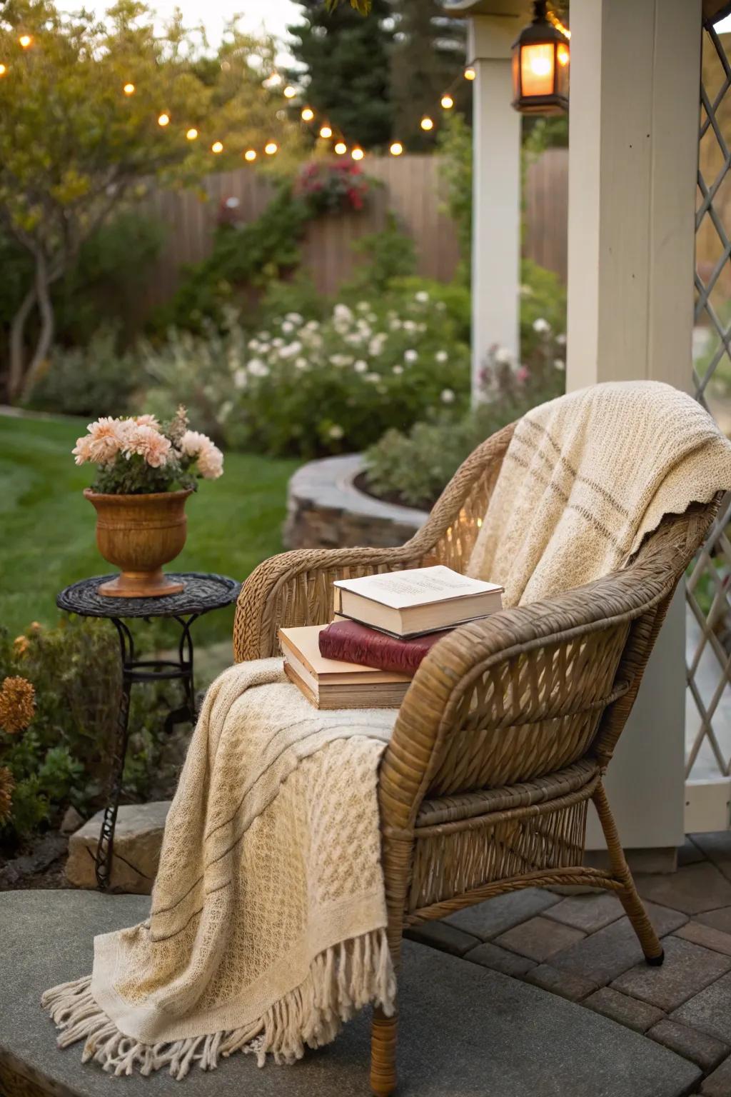 Crafting a tranquil reading alcove exuding wicker charm.