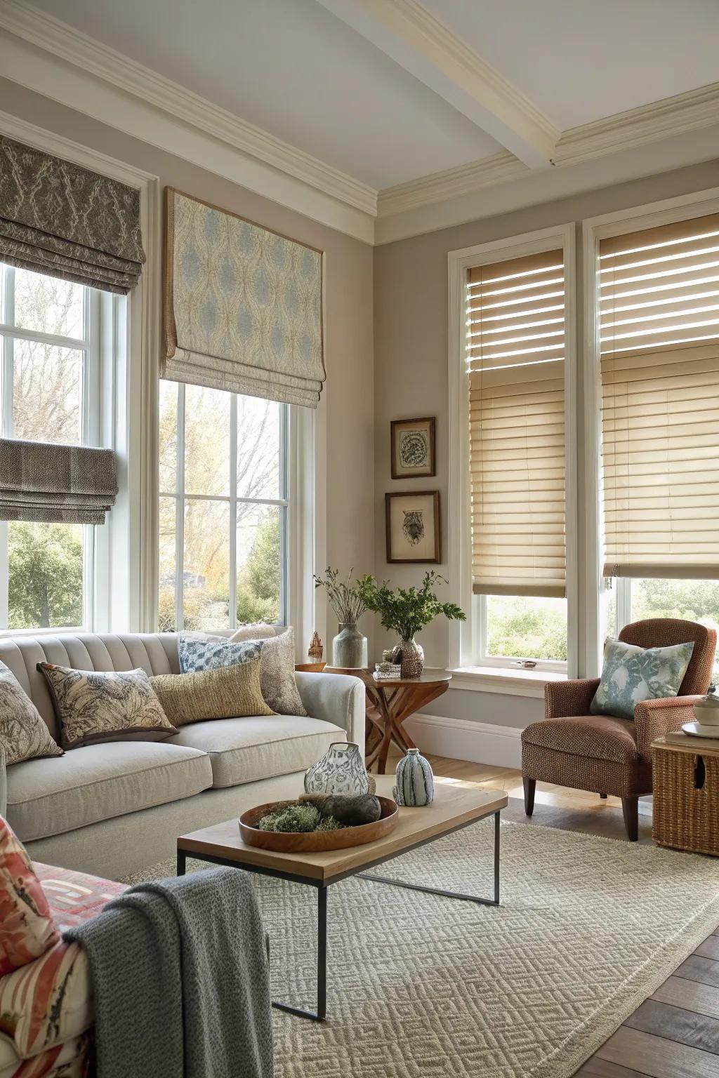 A dynamic, fascinating living room is created by combining blind styles.