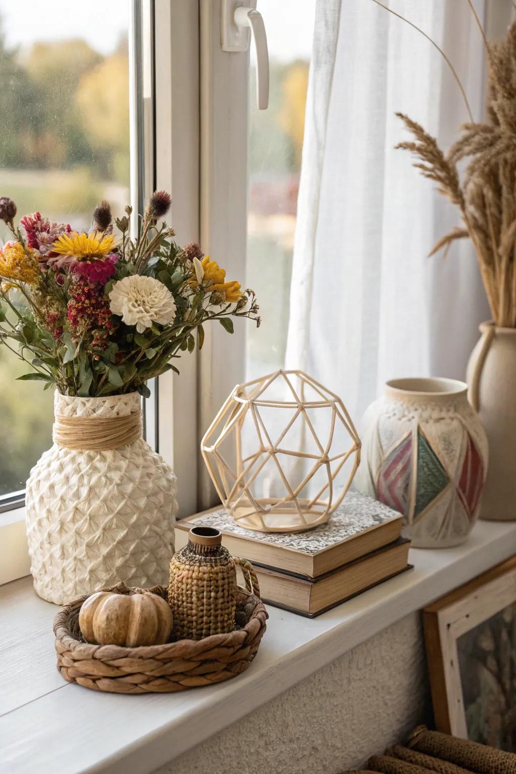 An eclectic mixture of décor features establishing a personalized window sill.