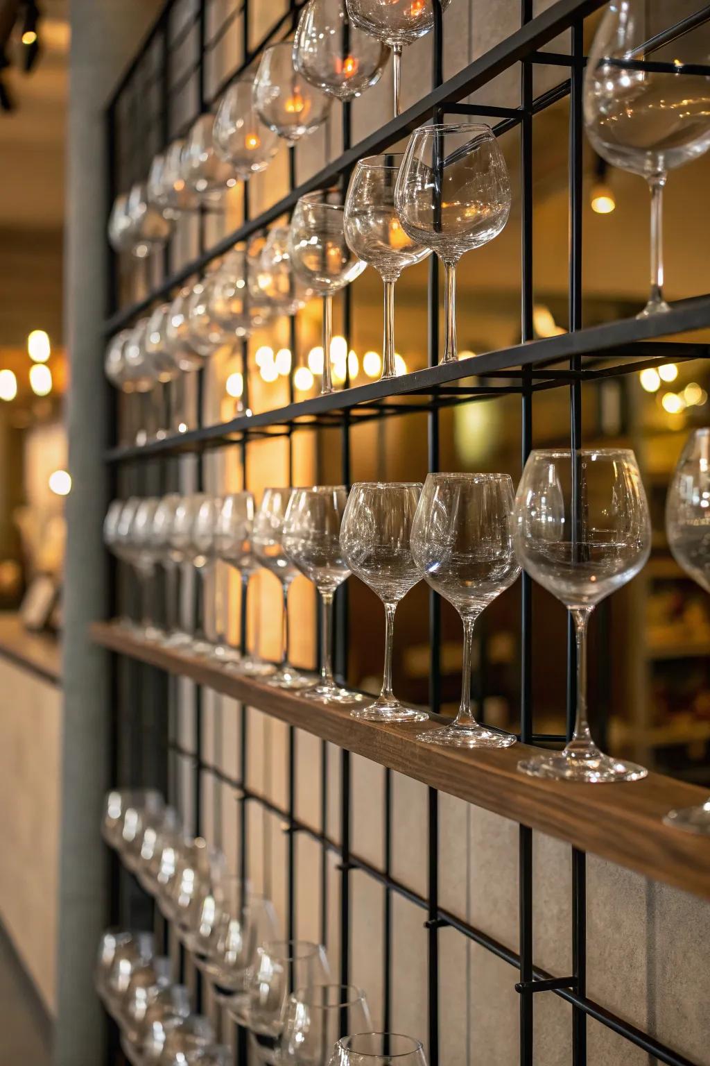 A wall wireframe spotlighting wine glasses as art.