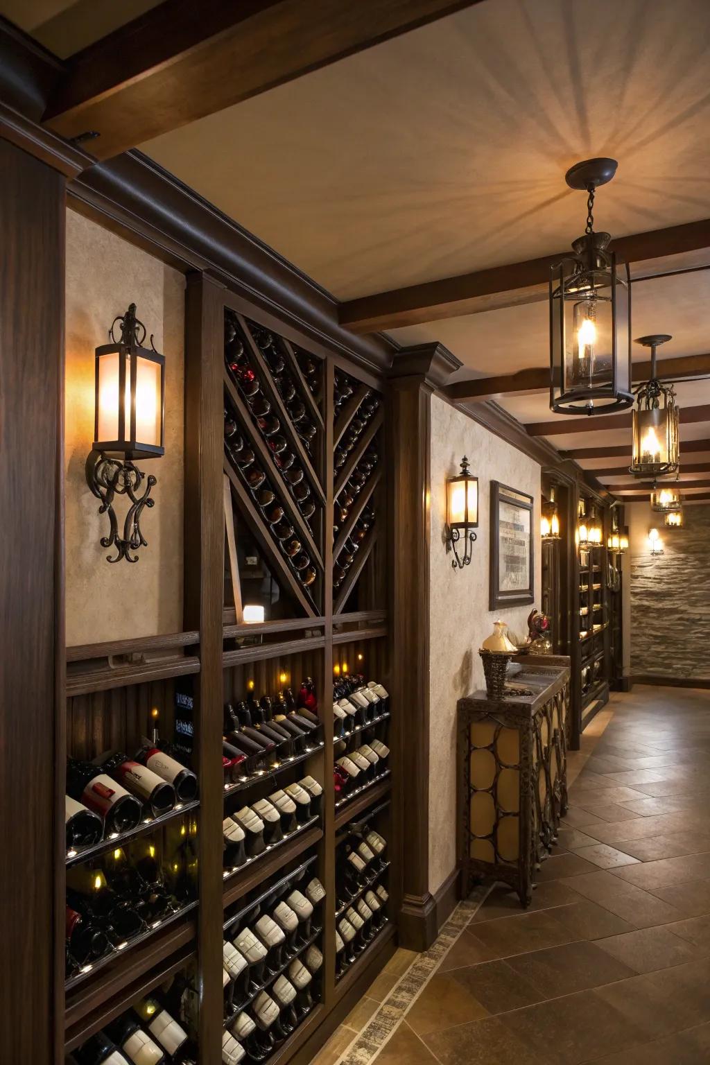 Distinct wall sconces adding light and personality to the wine room.