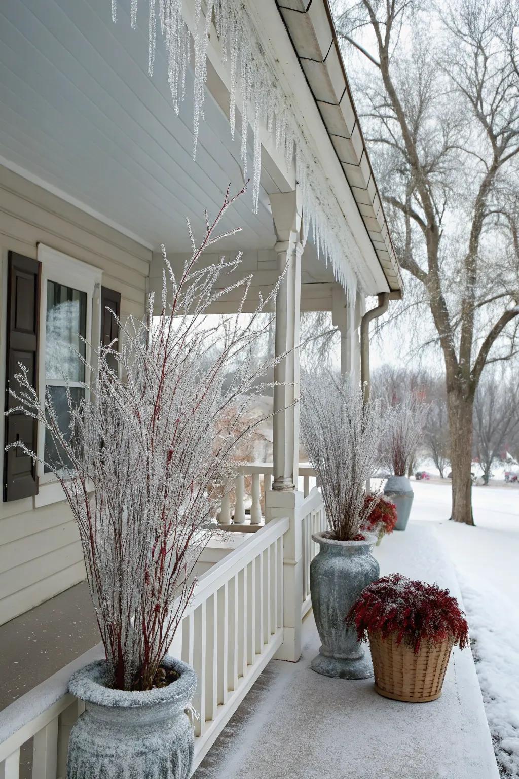 Iced branches add a sparkling elegance to this winter porch.