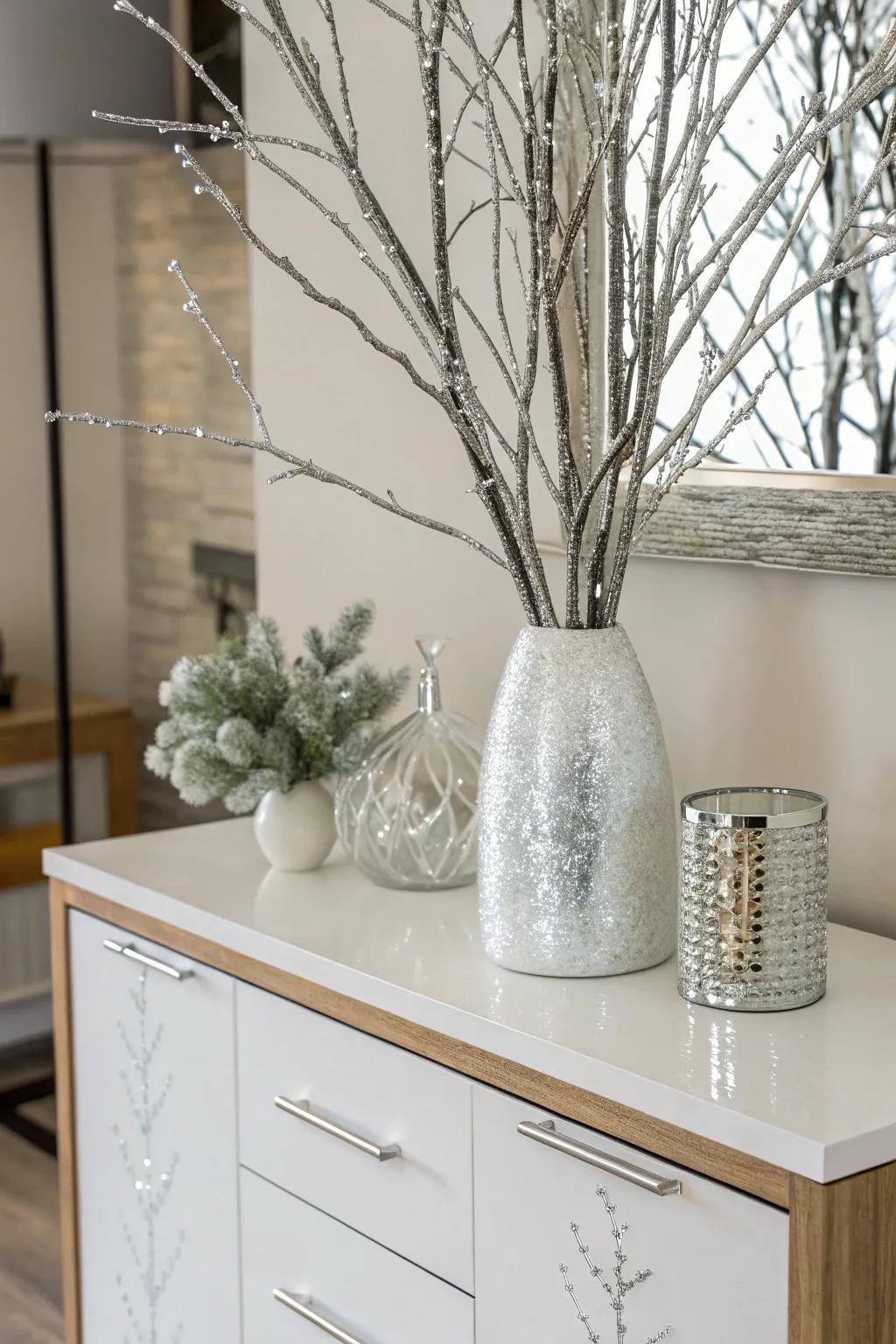 Silver limbs and simulated snow craft a chic and modern winter decor.