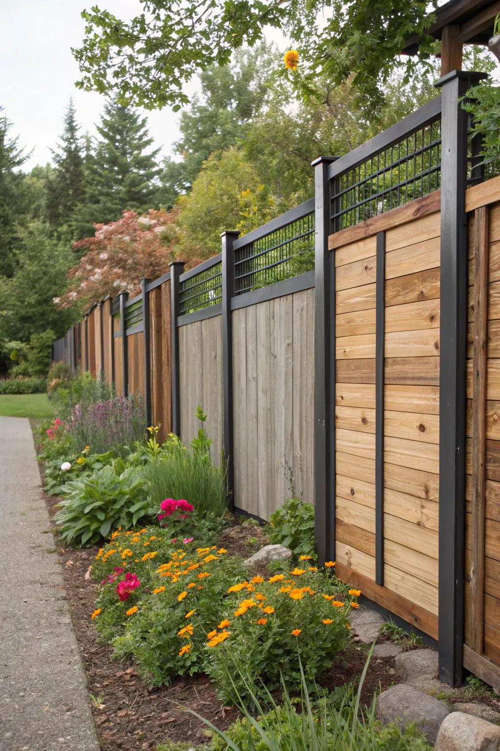 An interesting fence featuring dynamic heights of timber and metal sections.