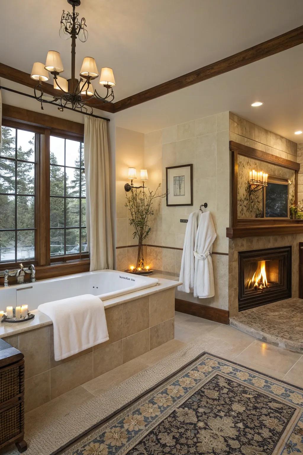 A spa-inspired bathroom getaway featuring a fireplace.