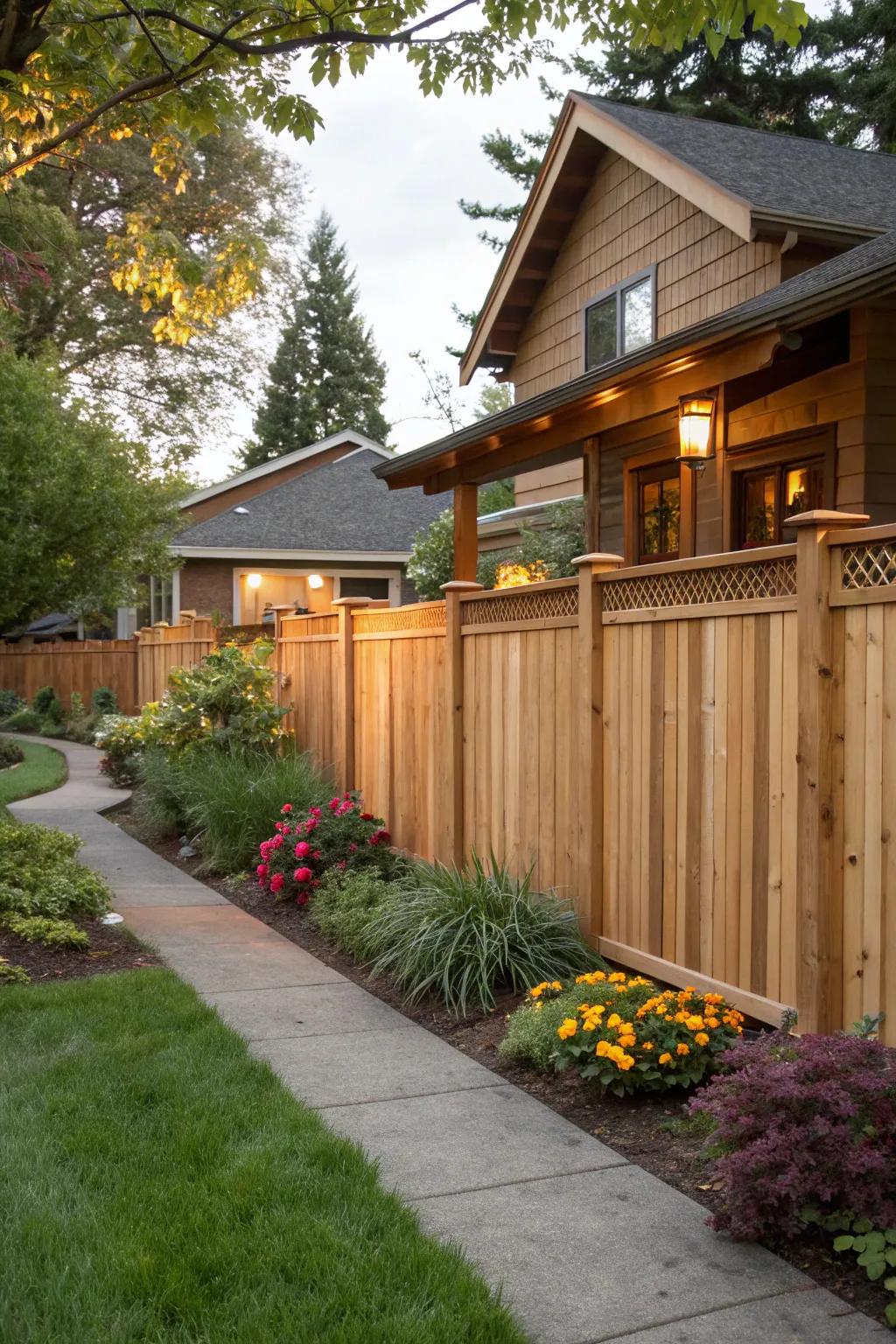 Conifer fences offer warmth and durability with a natural, inviting hue.
