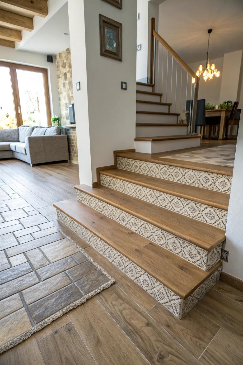 A split-level interior showcasing a step transition between differing flooring variants.