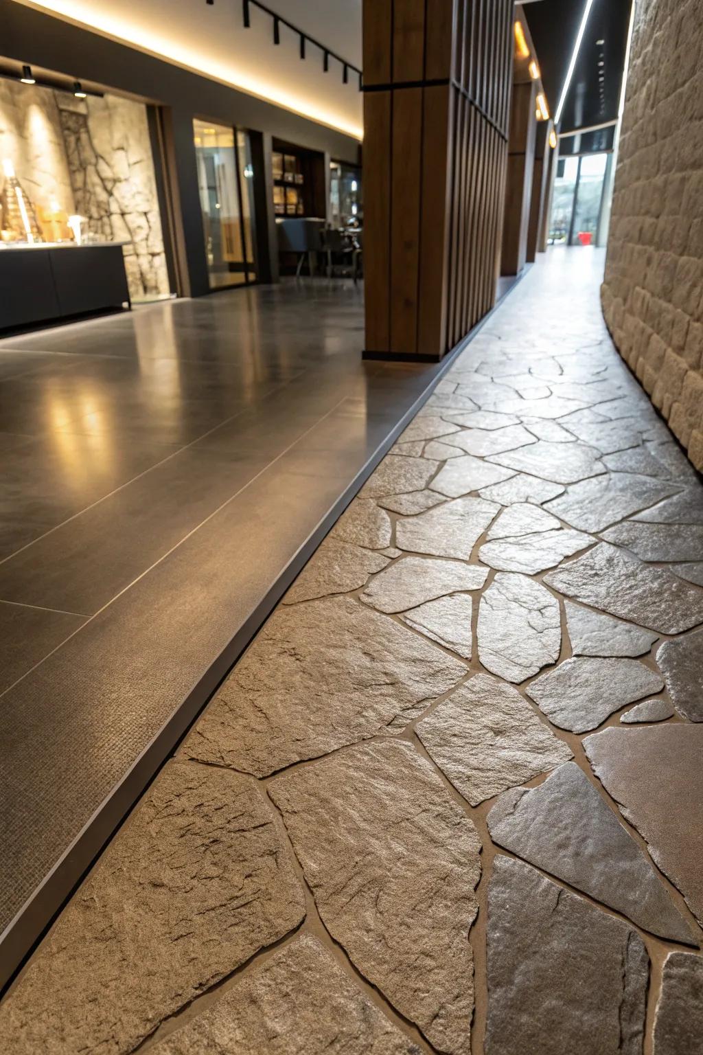 Texture discords in floor shifts impart dimension and visual intrigue.