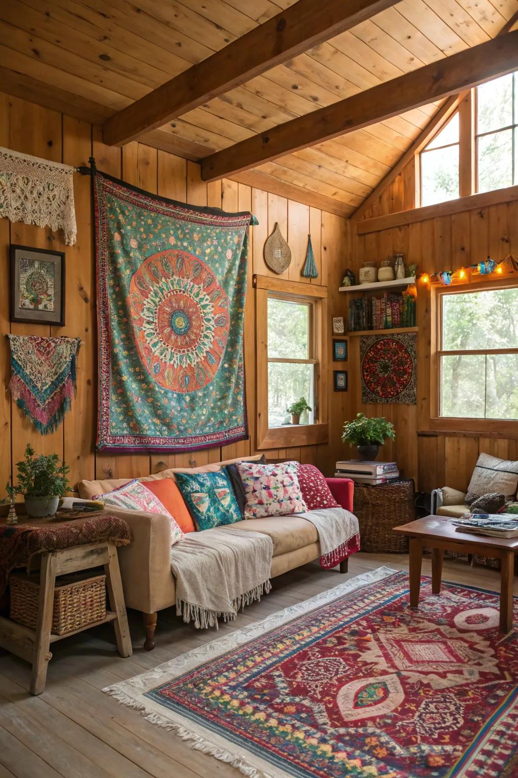 Timber cladding infuses warmth into the eclectic bohemian aesthetic.