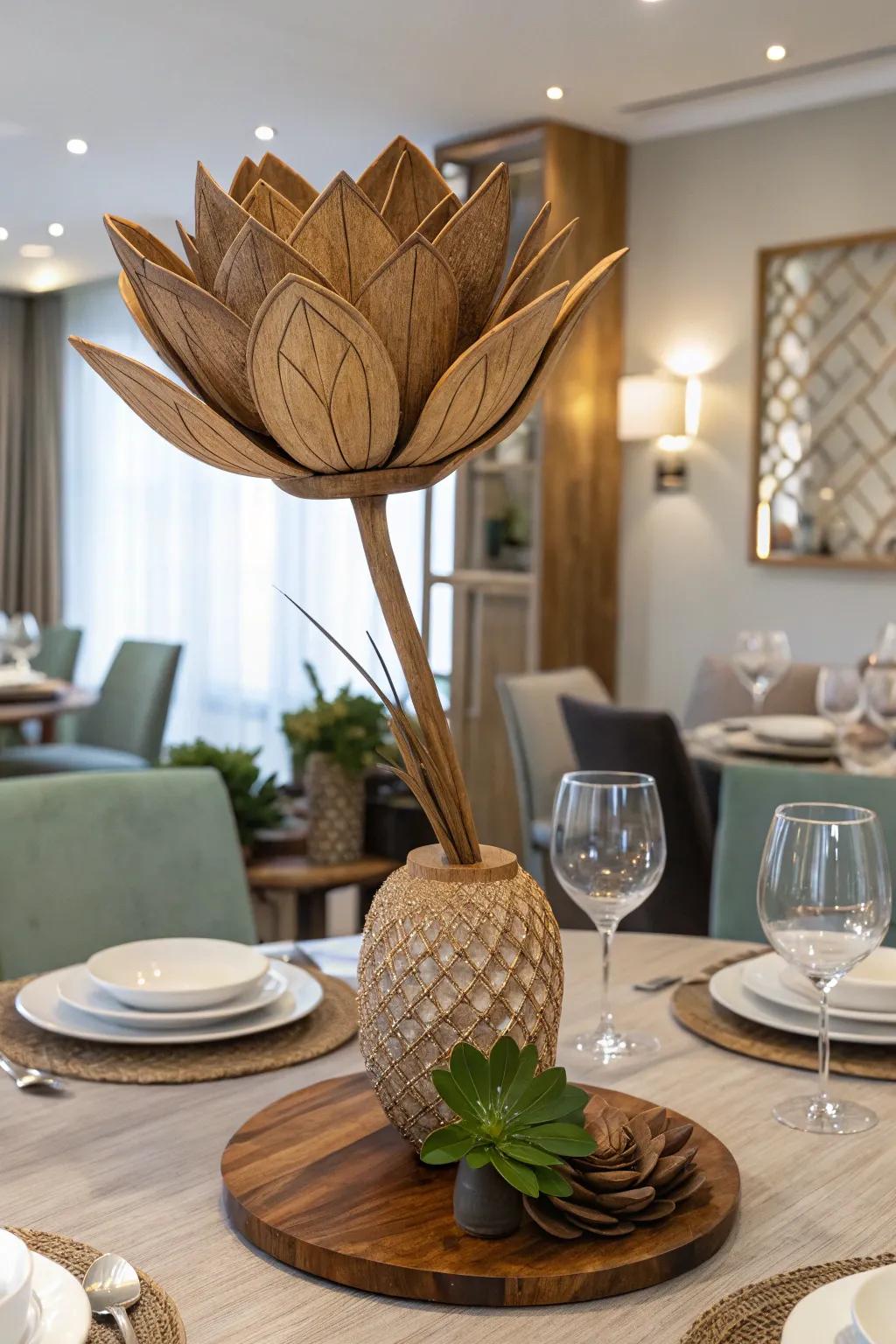 Relish perpetual flowering with elegant wooden bloom sculptures.