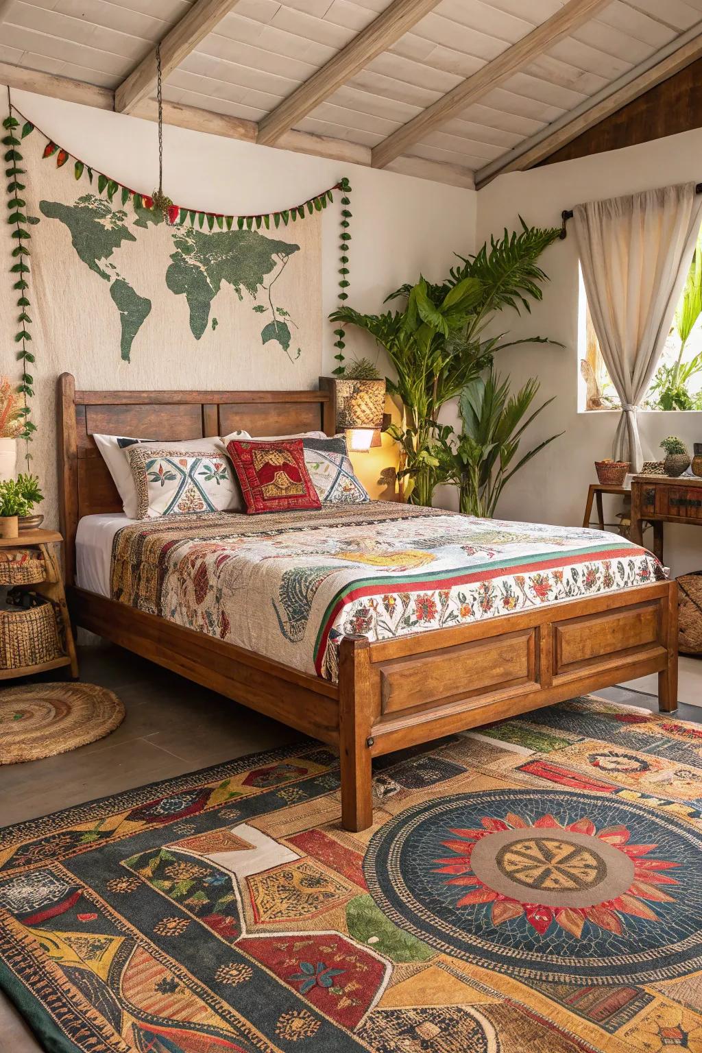 Global designs infuse this wood bed with exotic charm.