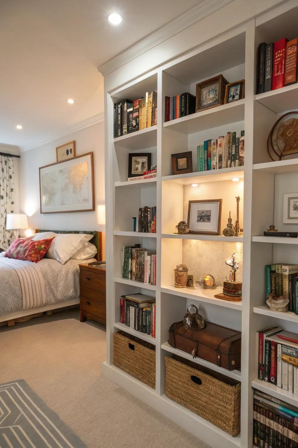 Themed shelves meld organization with decoration.