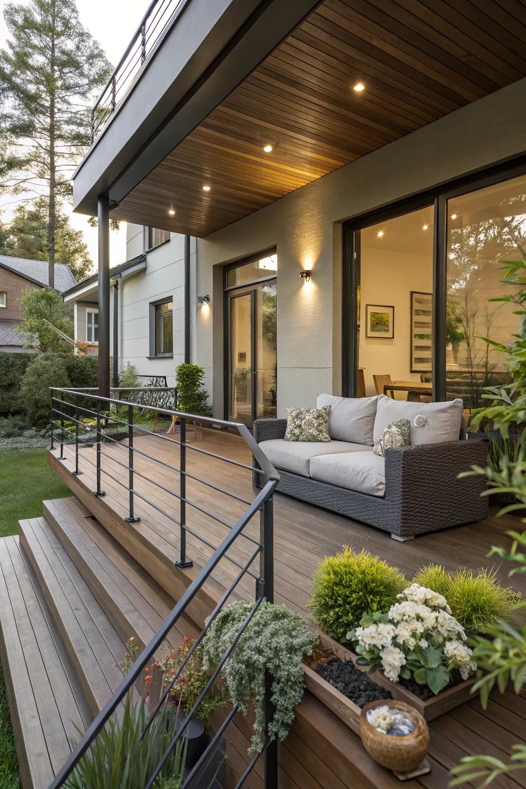 Mixing textures adds depth to a contemporary porch design.