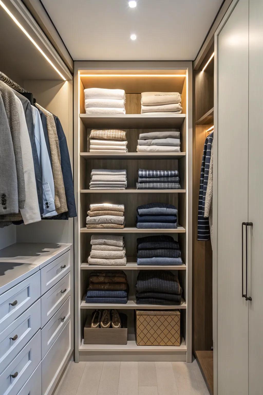 Compact folding techniques for tidy shelves.