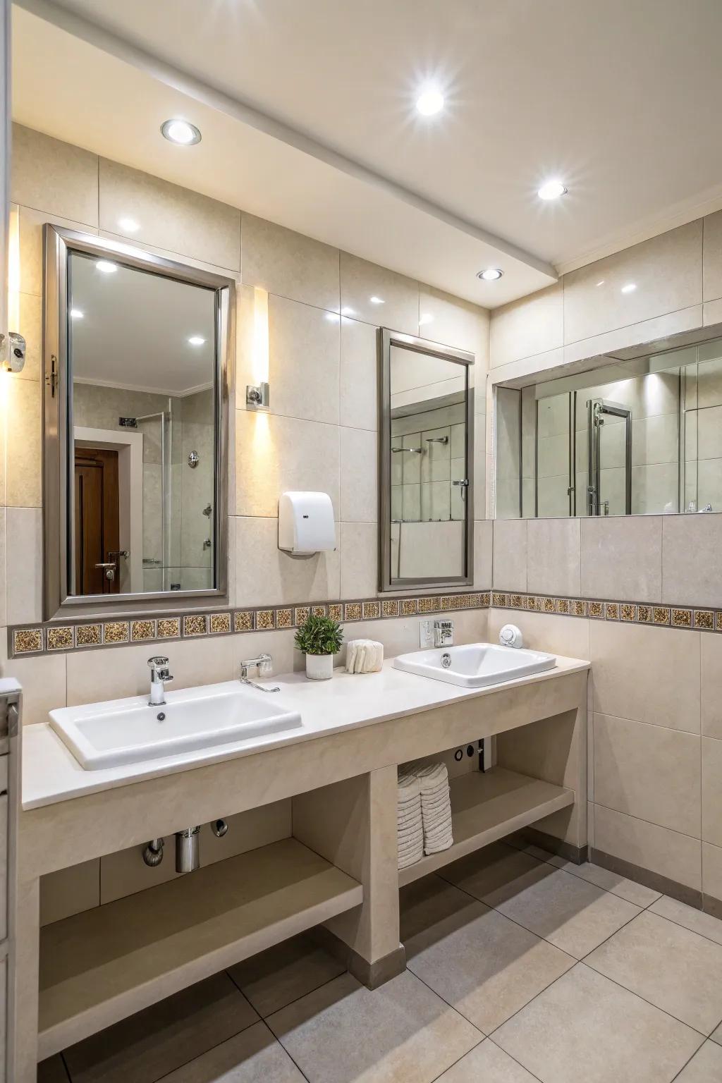 Strategically situated mirrors are capable of amplifying brightness as well as dimension within constricted lavatories.