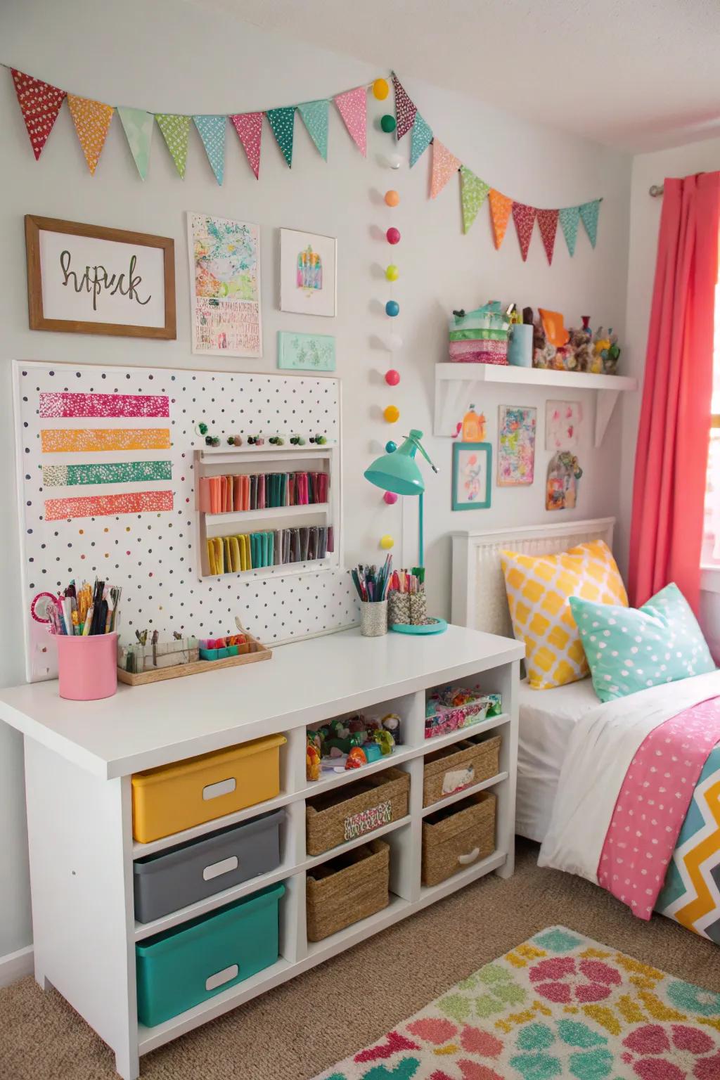 A DIY craft station encourages artistic endeavors and creativity.