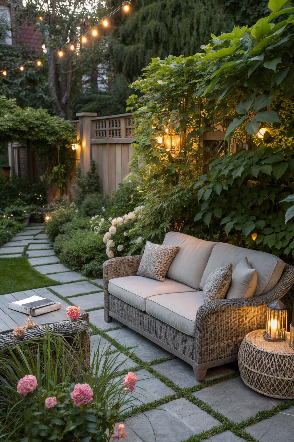 A zen corner delivers a tranquil retreat at a garden celebration.