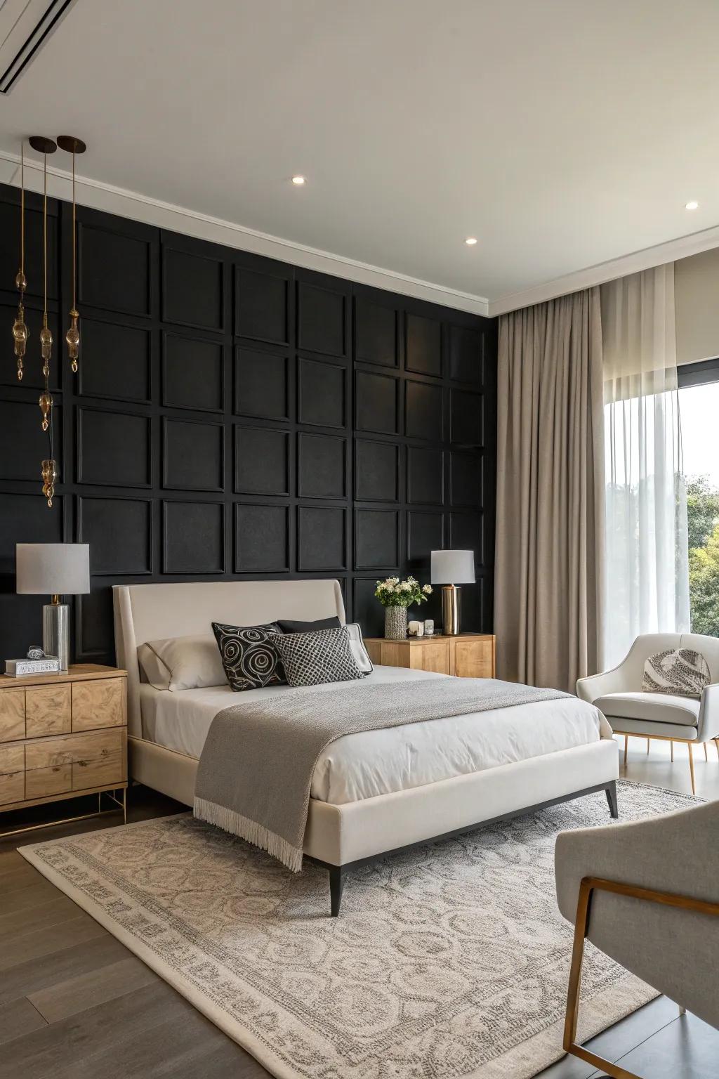 A black feature wall introduces bold contrast and sophistication to the bedroom.