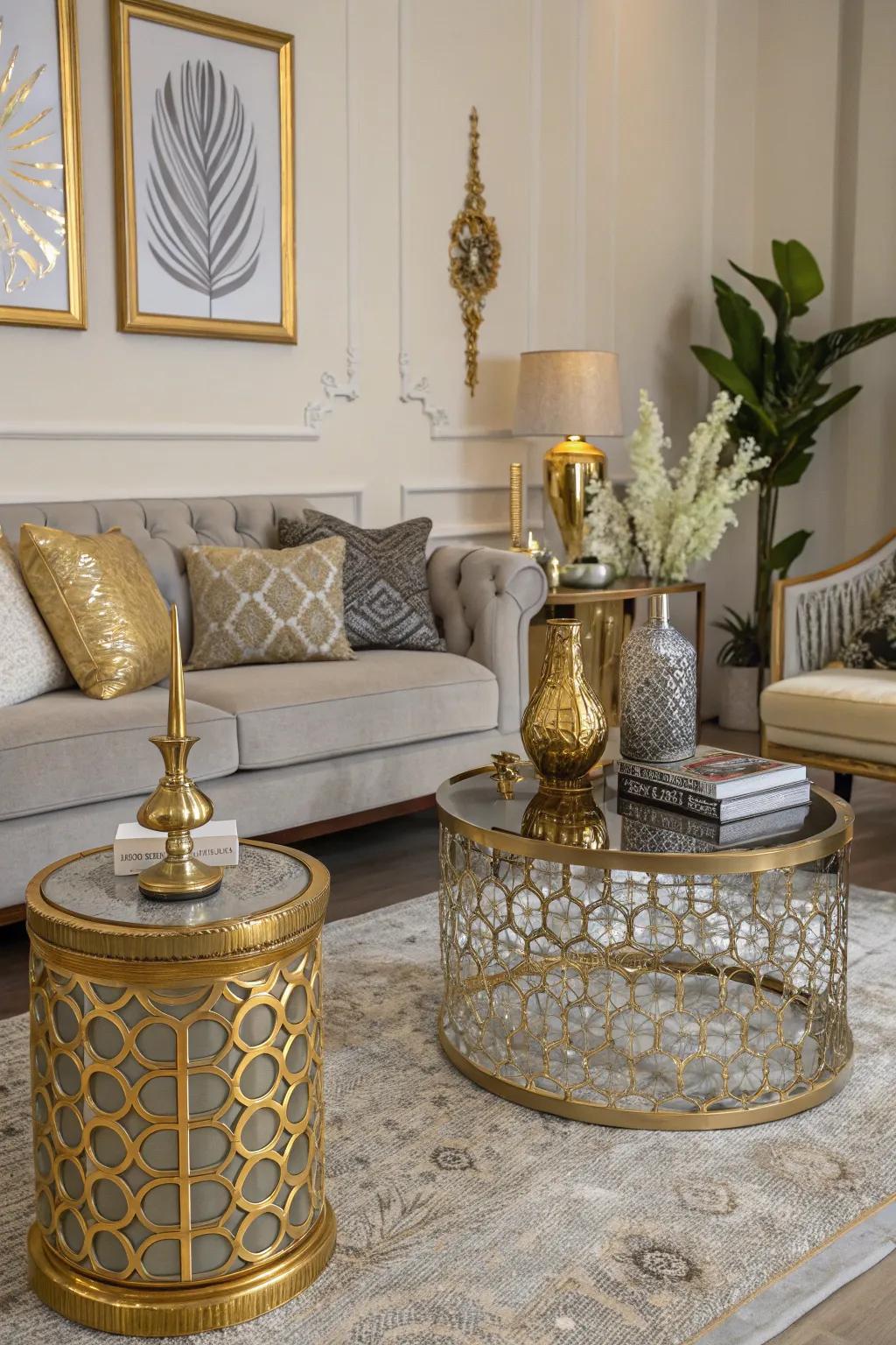 A glamorous living space upgraded with metallic accents.