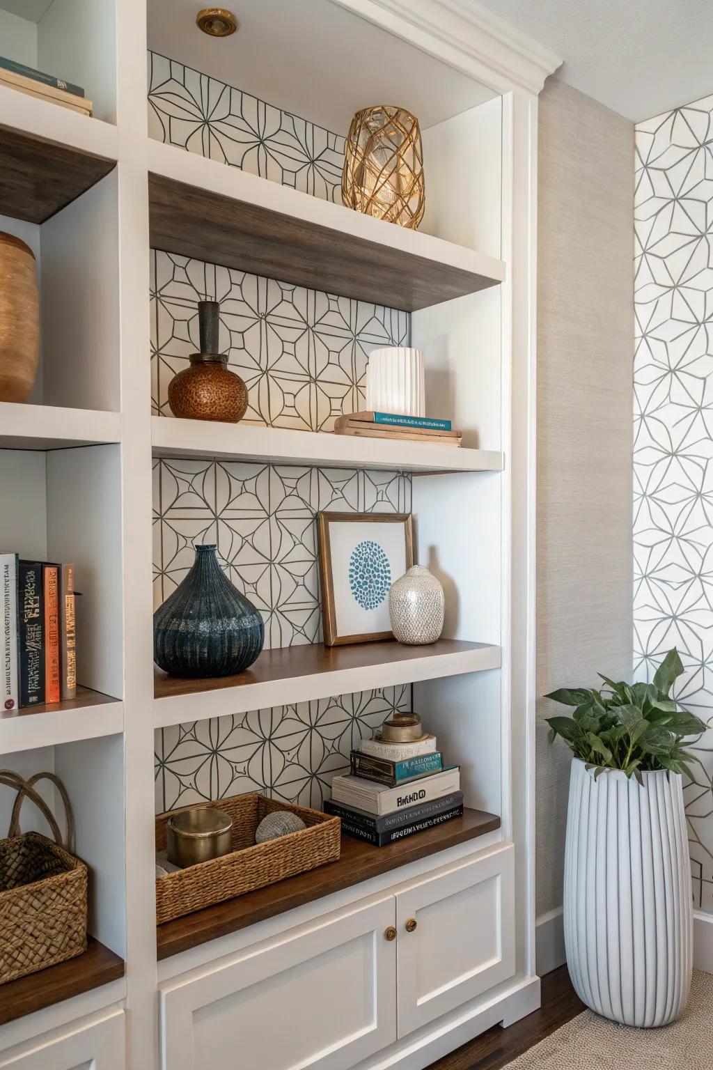 Make a statement through the use of geometric shelving inside your alcove.