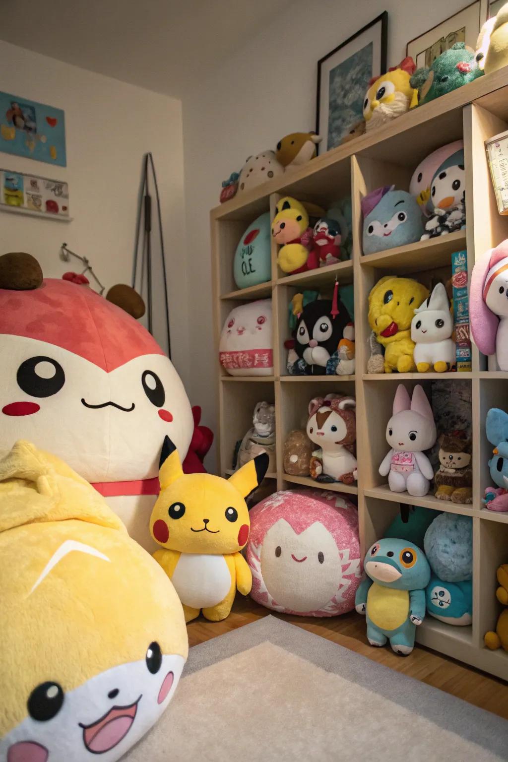 Plushies add a soft and cuddly dimension to your anime room.