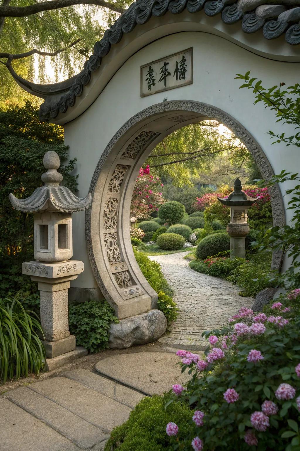 A Moon Gate pergola provides a harmonious and inviting garden entrance.